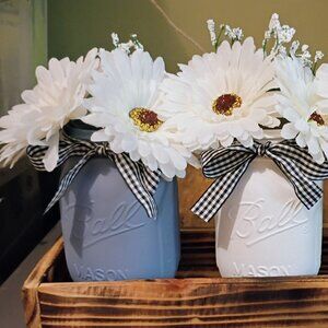 3-piece Spring white & blue Mason Jar Flower Arrangement with  Daisies
